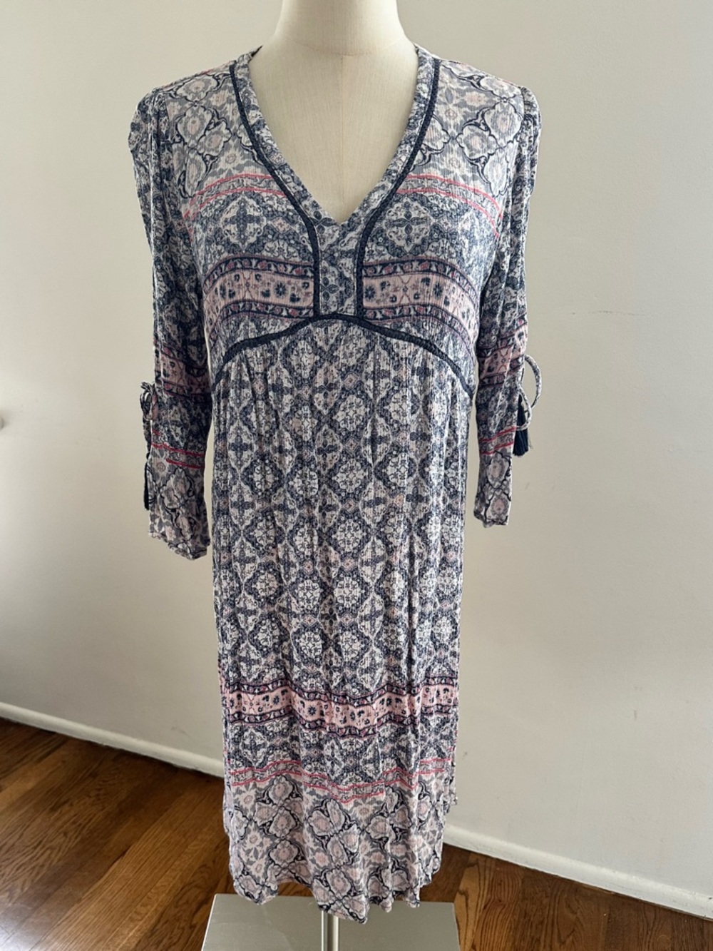 Knox Rose Boho Printed Tunic Dress | Navy Pink V-Neck Peasant Festival